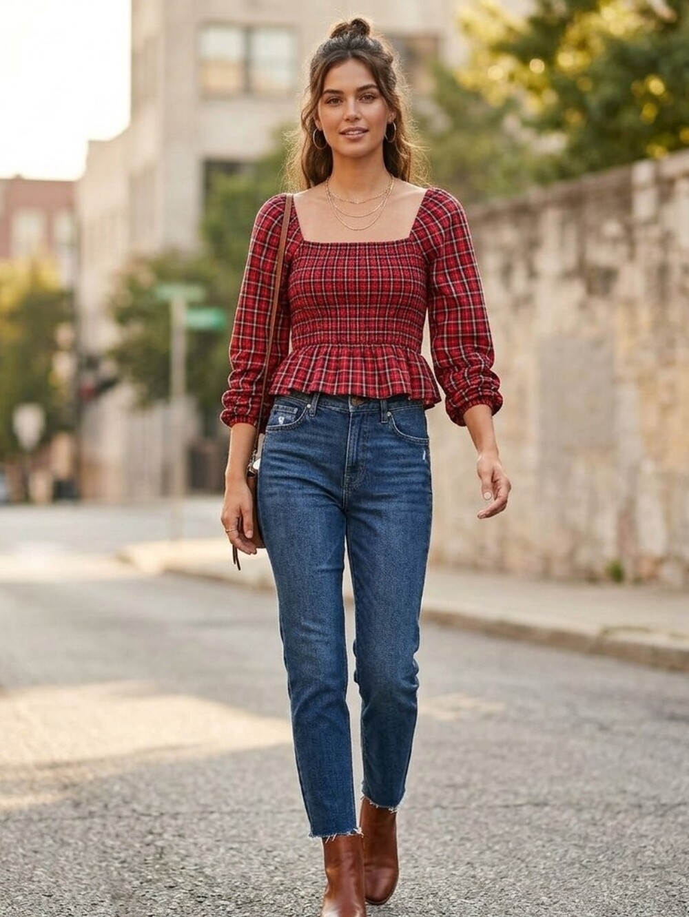 Old Navy Red Plaid Smocked Peplum Top